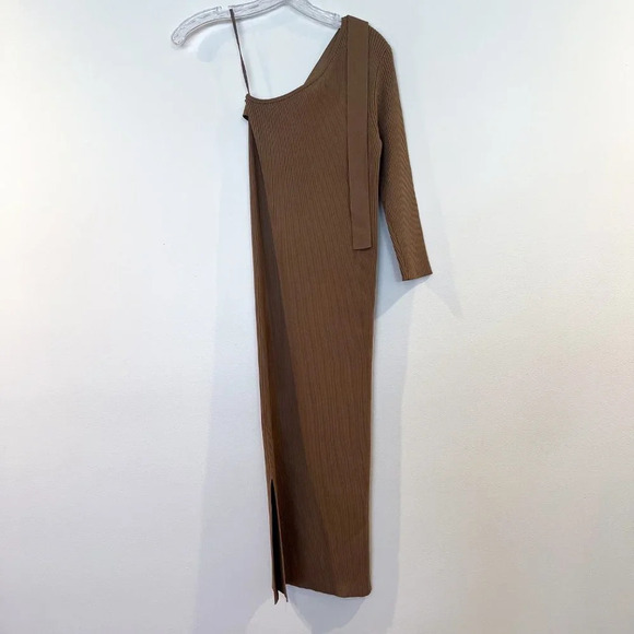 Oroton Tan One Sleeve Asymmetric Knit Stretchy Designer Midi Dress Medium NWT - Picture 10 of 10